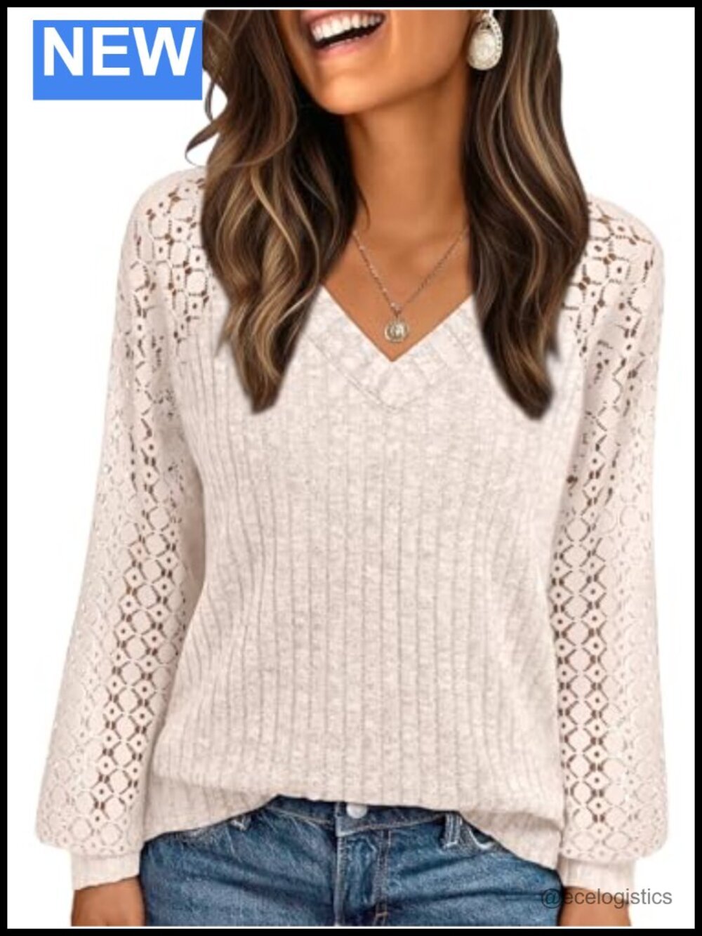 Long Sleeve Lace V-Neck Tunic Blouse Lightweight Cozy Top